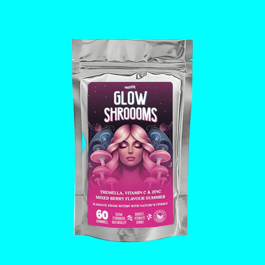 Glow Shroooms packaging with a purple label featuring a woman's face and mushrooms.