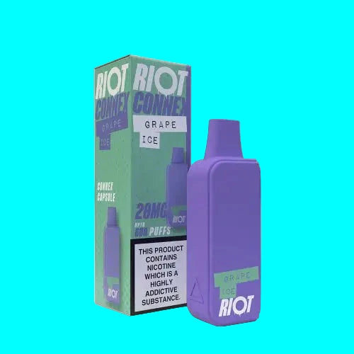 A collection of RIOT CONNEX prefilled capsule pods in various flavors, with a blue background and text indicating the product name and nicotine content.