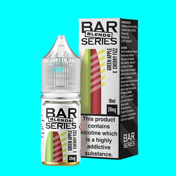 bottles of BAR SERIES BLENDS 10ML NIC SALT e-liquid in different flavors, each with a white label and clear chimney, displayed against a white background.