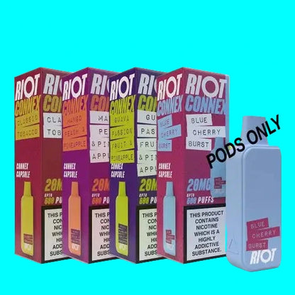 A collection of RIOT CONNEX prefilled capsule pods in various flavors, with a blue background and text indicating the product name and nicotine content.
