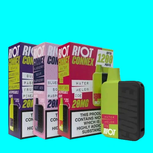 The image shows the RIOT CONNEX POD KIT with various prefilled pods in different flavors and a black vaping device. The packaging displays the brand and product information.