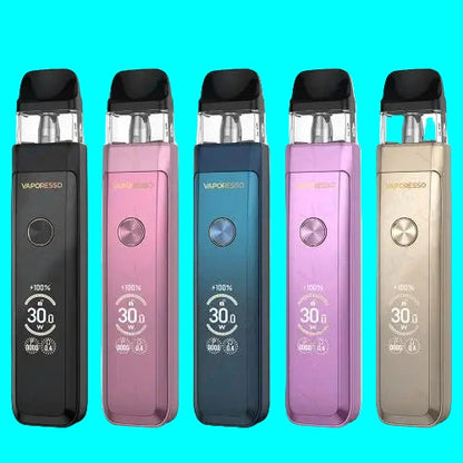 Five Vaporesso vaping devices in different colors on a white background