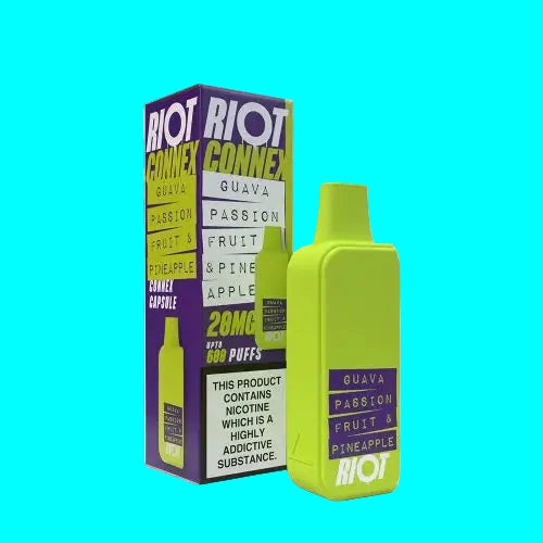 A collection of RIOT CONNEX prefilled capsule pods in various flavors, with a blue background and text indicating the product name and nicotine content.