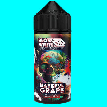 A series of e-liquid bottles with colorful and artistic labels, each labeled with different flavors like Hateful Grape, Crime of the Passion Fruit, Apricota Warrior, Blue Sour Mash, and Dark Cherry Rises.