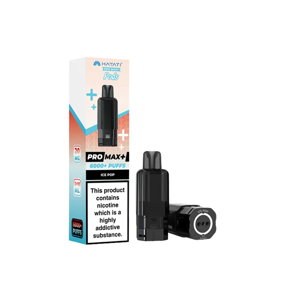 Vaping device and packaging with 'Pro Max+' branding on a white background