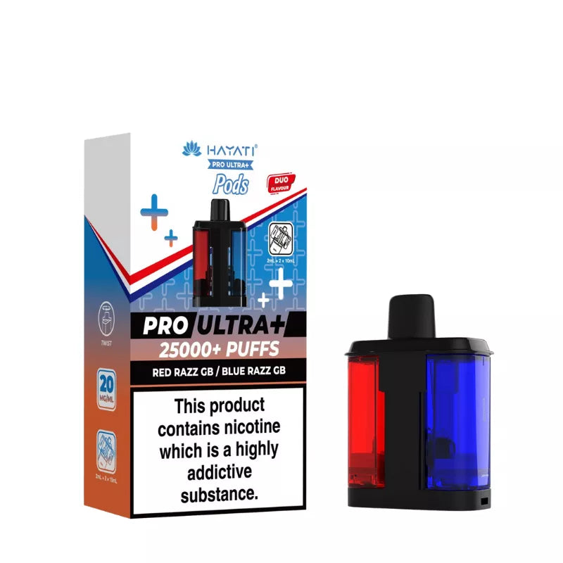 Vape device and packaging with nicotine warning label on a white background