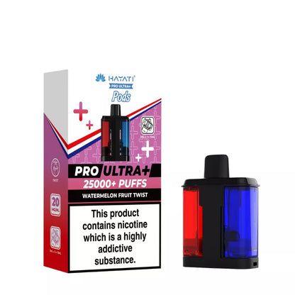 Hayati Pro Ultra+ vape pod packaging with nicotine warning label on a white background
