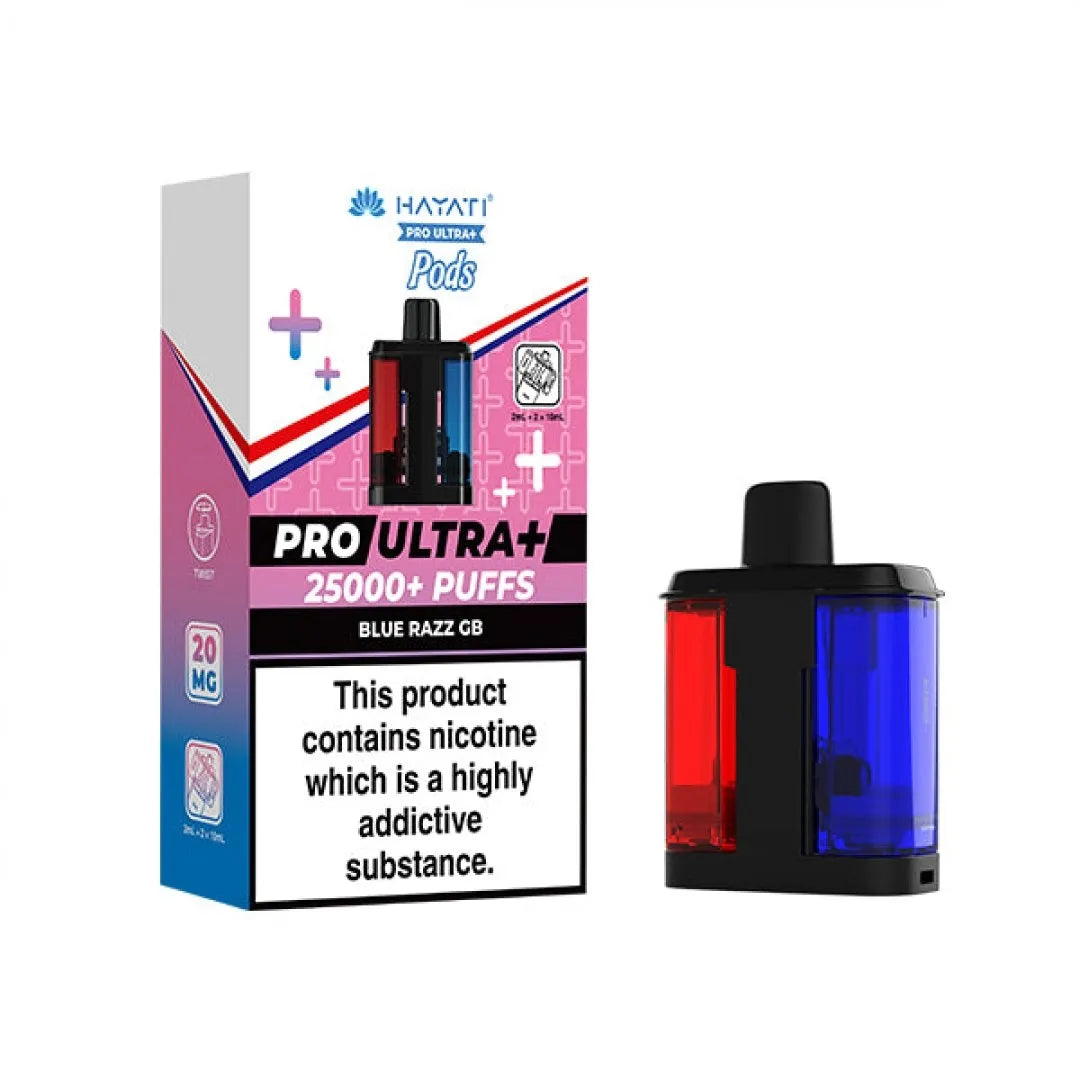 Hayat Pro Ultra+ vape pod packaging with nicotine warning label on a white background