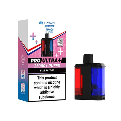 Hayat Pro Ultra+ vape pod packaging with nicotine warning label on a white background