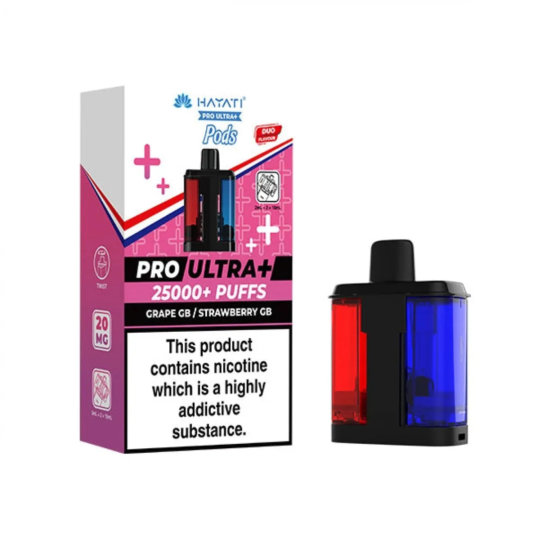 Vape device and packaging with nicotine warning label on a white background