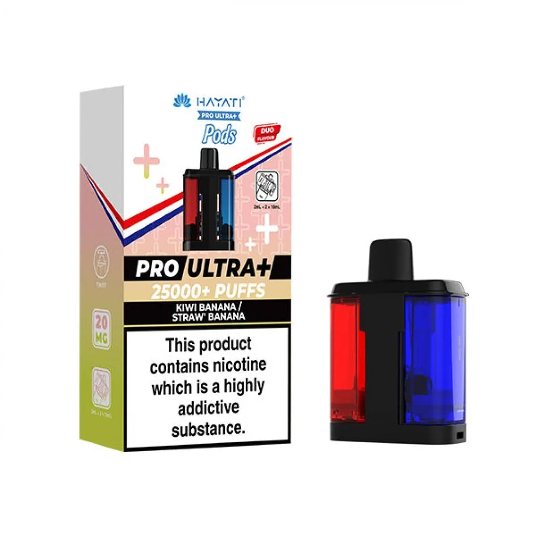 Vape pod packaging with branding and product details on a white background