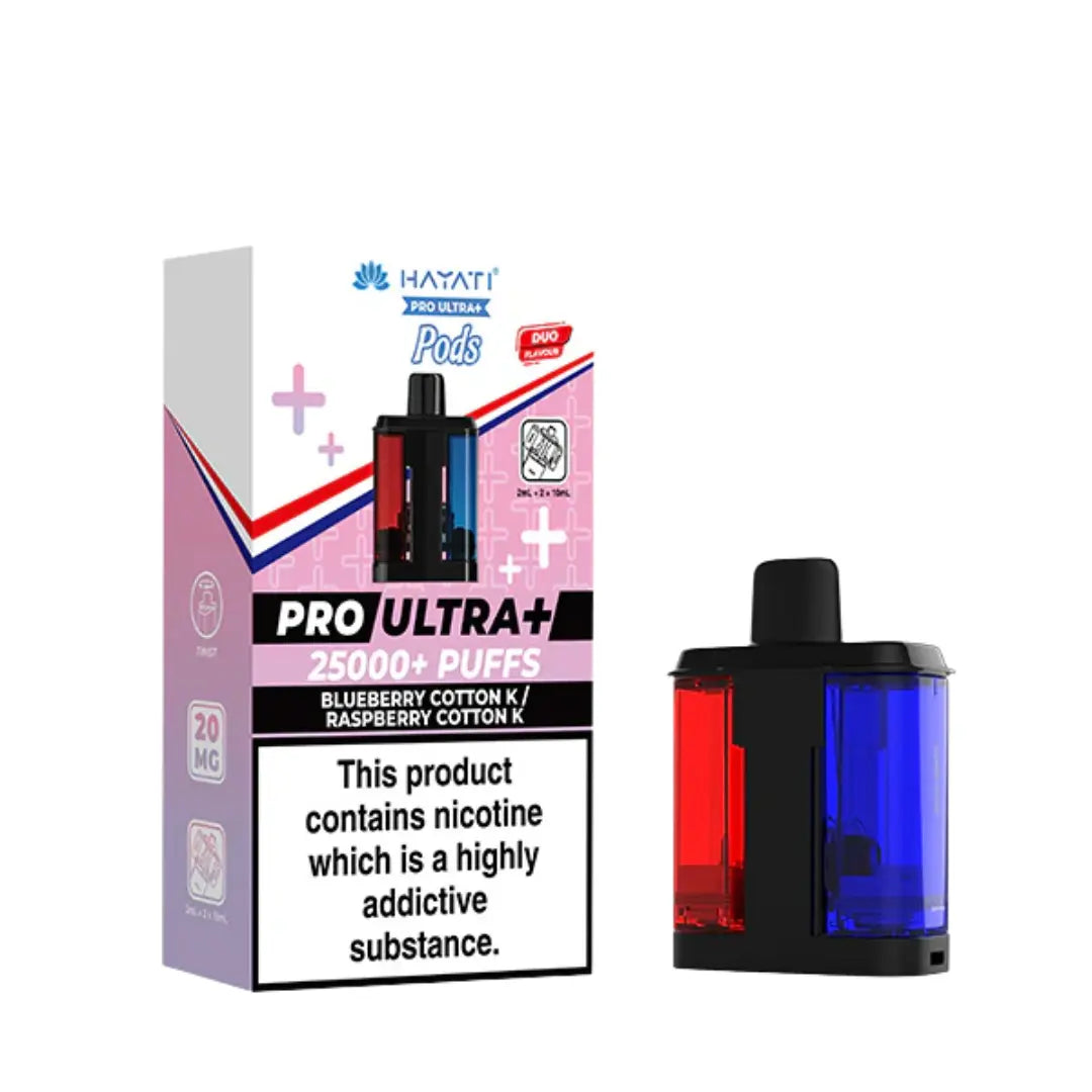 Hayat Pro Ultra+ vape pod packaging with nicotine warning label on a white background