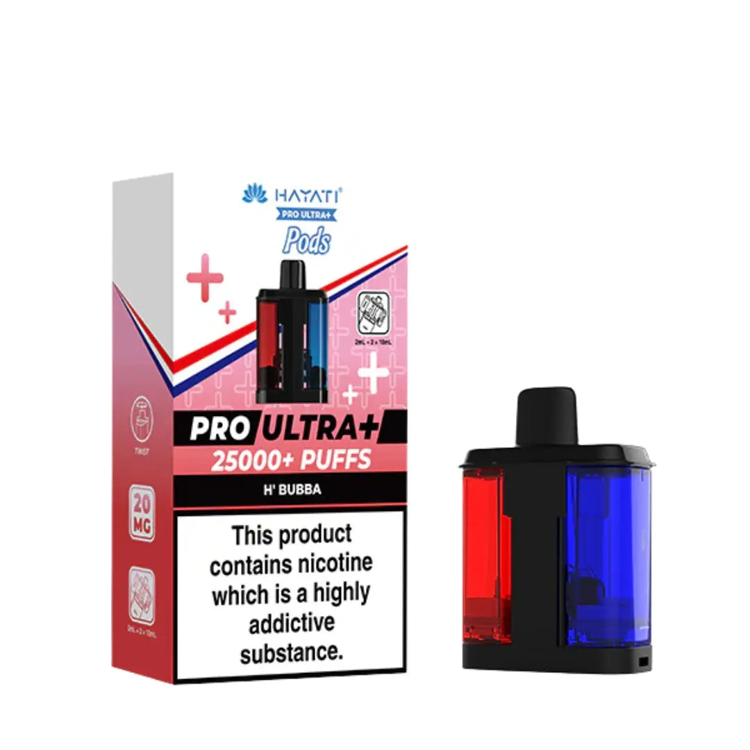 Hayati Pro Ultra+ vape device and packaging on a white background