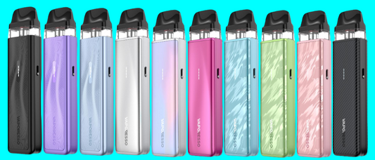 Row of vaping devices in various colors on a white background