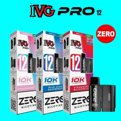 IVG Pro 12 vape device packaging with different flavors and nicotine levels on a white background.