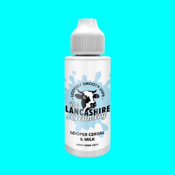 A bottle of The Lancashire Creamery Looper Cereal & Milk e-liquid with a white and blue label.