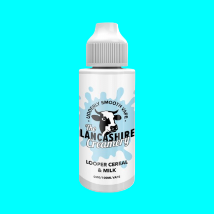 A bottle of The Lancashire Creamery Looper Cereal & Milk e-liquid with a white and blue label.