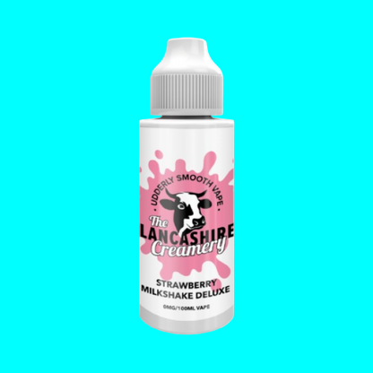 A bottle of The Lancashire Creamery strawberry milk deluxe e-liquid with a label featuring a cartoon cow and pink splashes.
