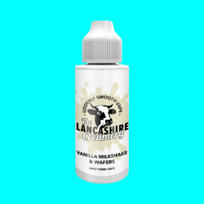 LANCASHIRE CREAMERY SHORT FILL VANILLA MILKSHAKE & WAFERS COW ON WHITE BACKGROUND