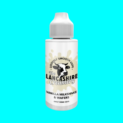 LANCASHIRE CREAMERY SHORT FILL VANILLA MILKSHAKE & WAFERS COW ON WHITE BACKGROUND