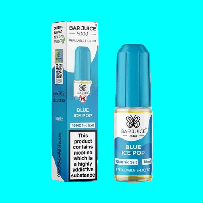 A collection of Bar Juice e-liquid bottles in various colors, labeled with different flavors. BLUE ICE POP
