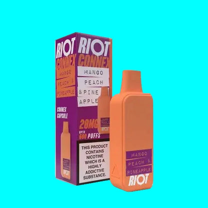 A collection of RIOT CONNEX prefilled capsule pods in various flavors, with a blue background and text indicating the product name and nicotine content.