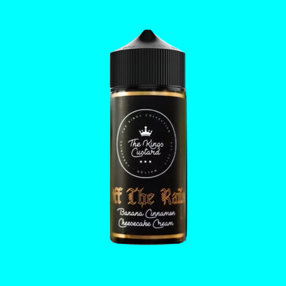 Black bottle of 'Off The Rail' Banana Cinnamon Cheesecake Cream vape juice on a white background