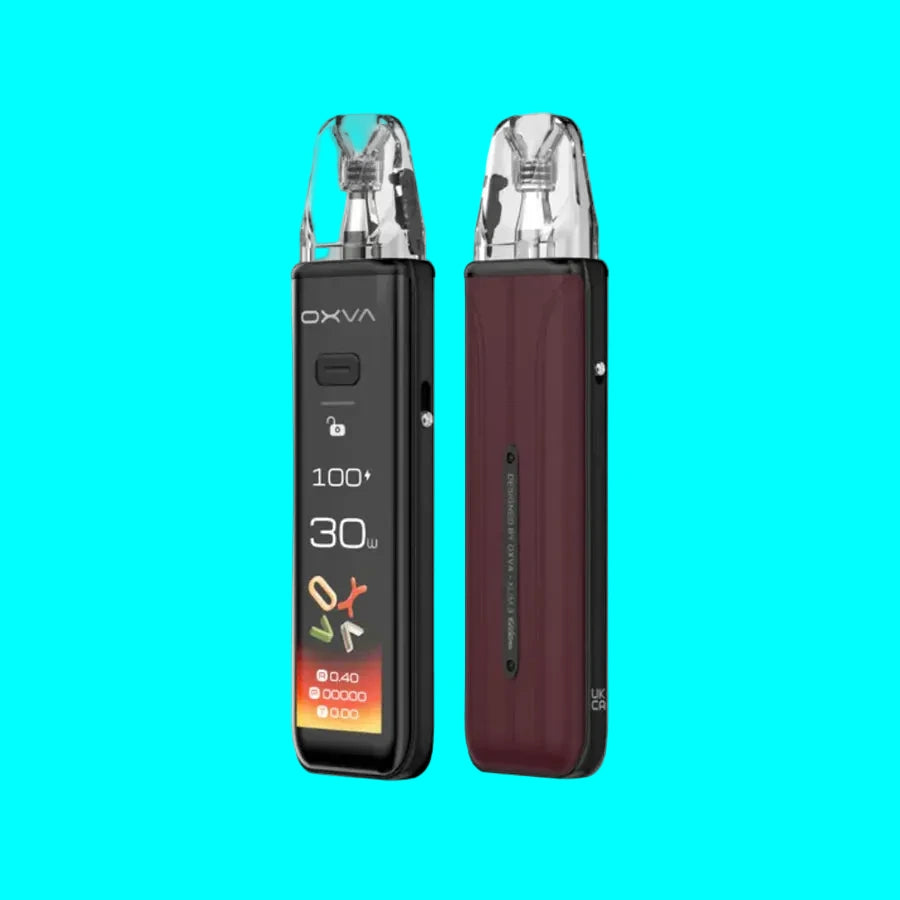 Two vaping devices, one black with digital display and the other brown, on a white background.