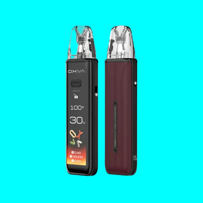 Two vaping devices, one black with digital display and the other brown, on a white background.