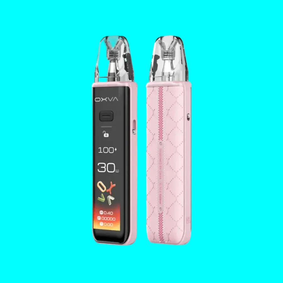 Pink vape device with digital display on a white background