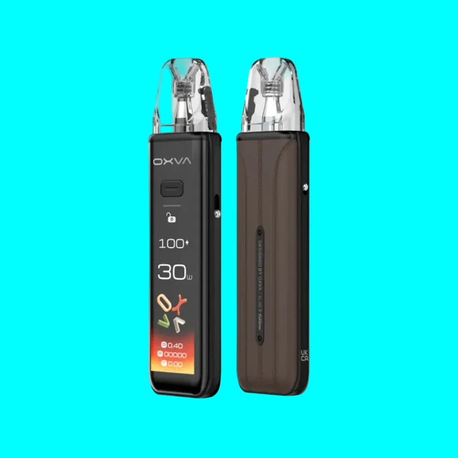 Two vaping devices with digital displays on a white background