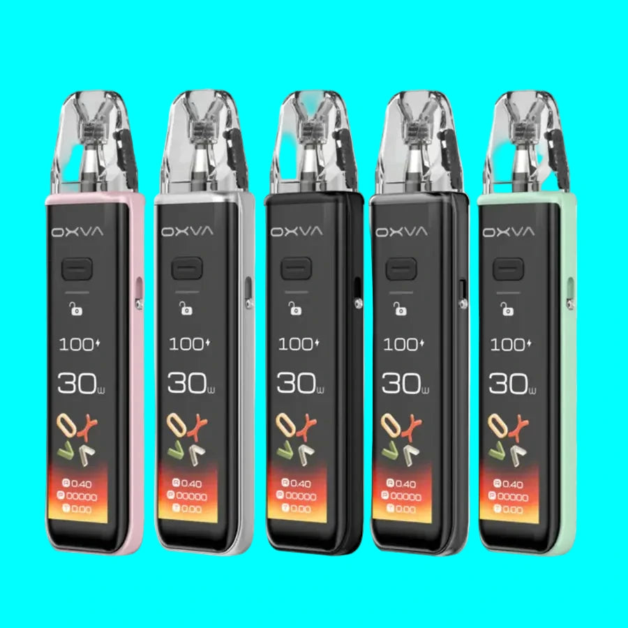 Five OXVA vaping devices in different colors on a white background