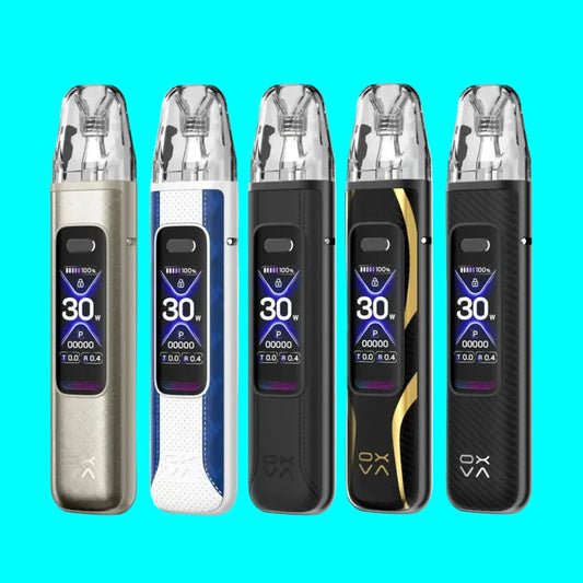 Five vaping devices with digital displays on a white background