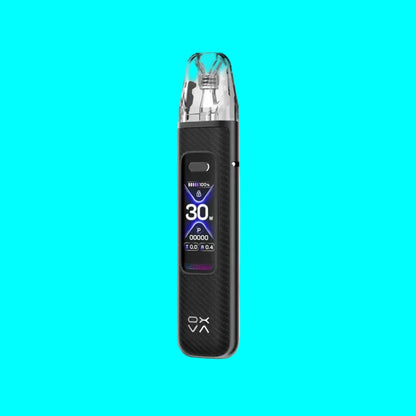Black vape device with digital display on a white background