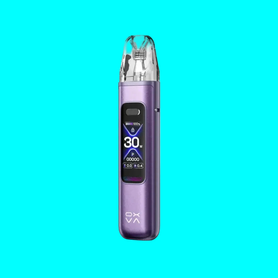 Purple vape device with digital display on a white background