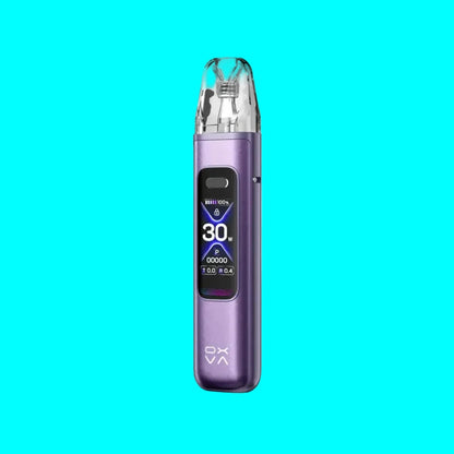 Purple vape device with digital display on a white background