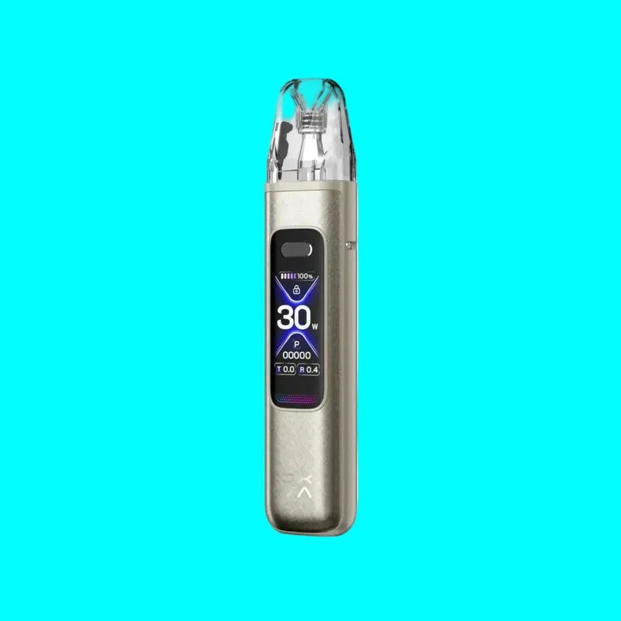 Silver vape device with digital display on a white background