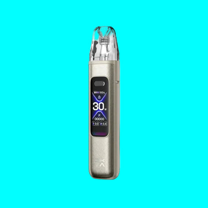 Silver vape device with digital display on a white background