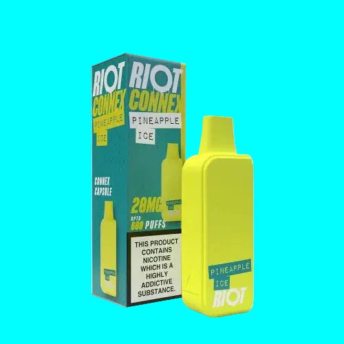 A collection of RIOT CONNEX prefilled capsule pods in various flavors, with a blue background and text indicating the product name and nicotine content.