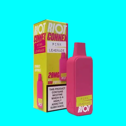 A collection of RIOT CONNEX prefilled capsule pods in various flavors, with a blue background and text indicating the product name and nicotine content.