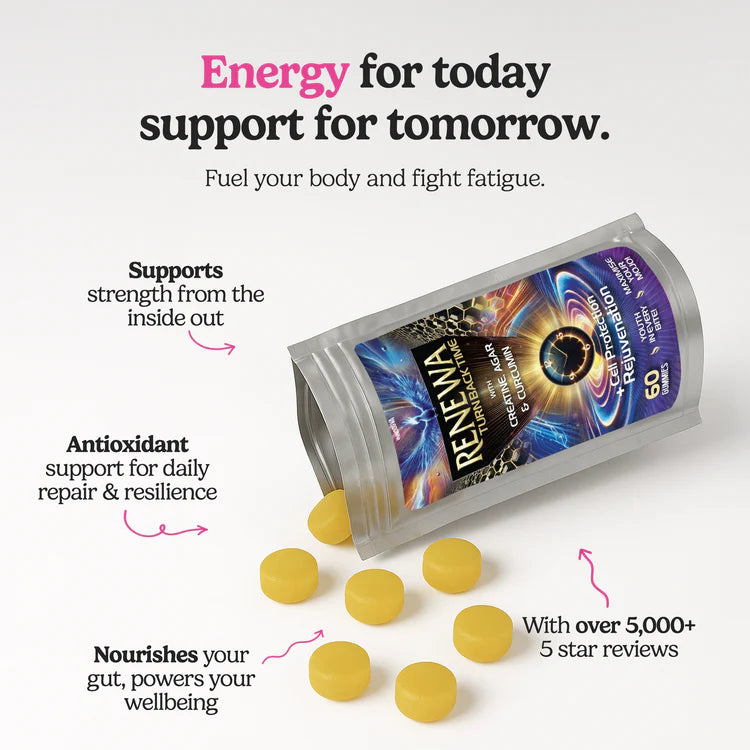 Supplement packaging with yellow capsules and promotional text on a white background