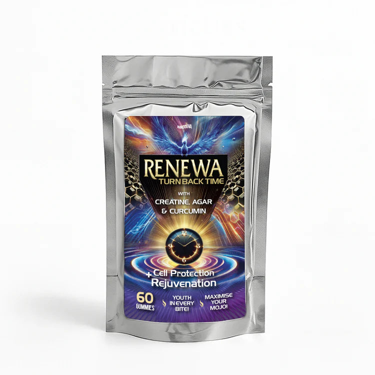 Silver packaging of Renewa gummies with a colorful label on a white background