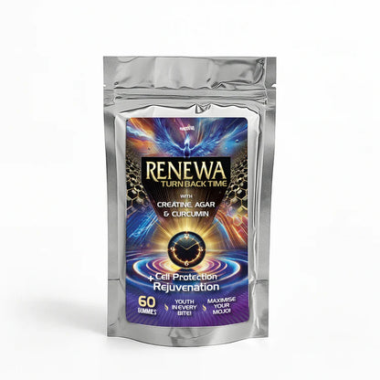 Silver packaging of Renewa gummies with a colorful label on a white background