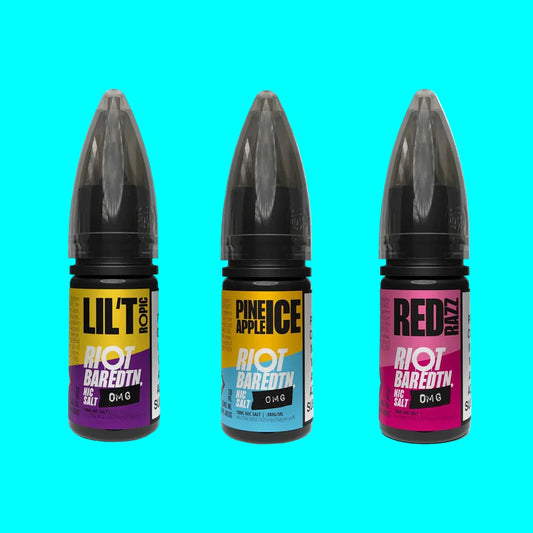 Three bottles of Riot nicotine salt products on a white background