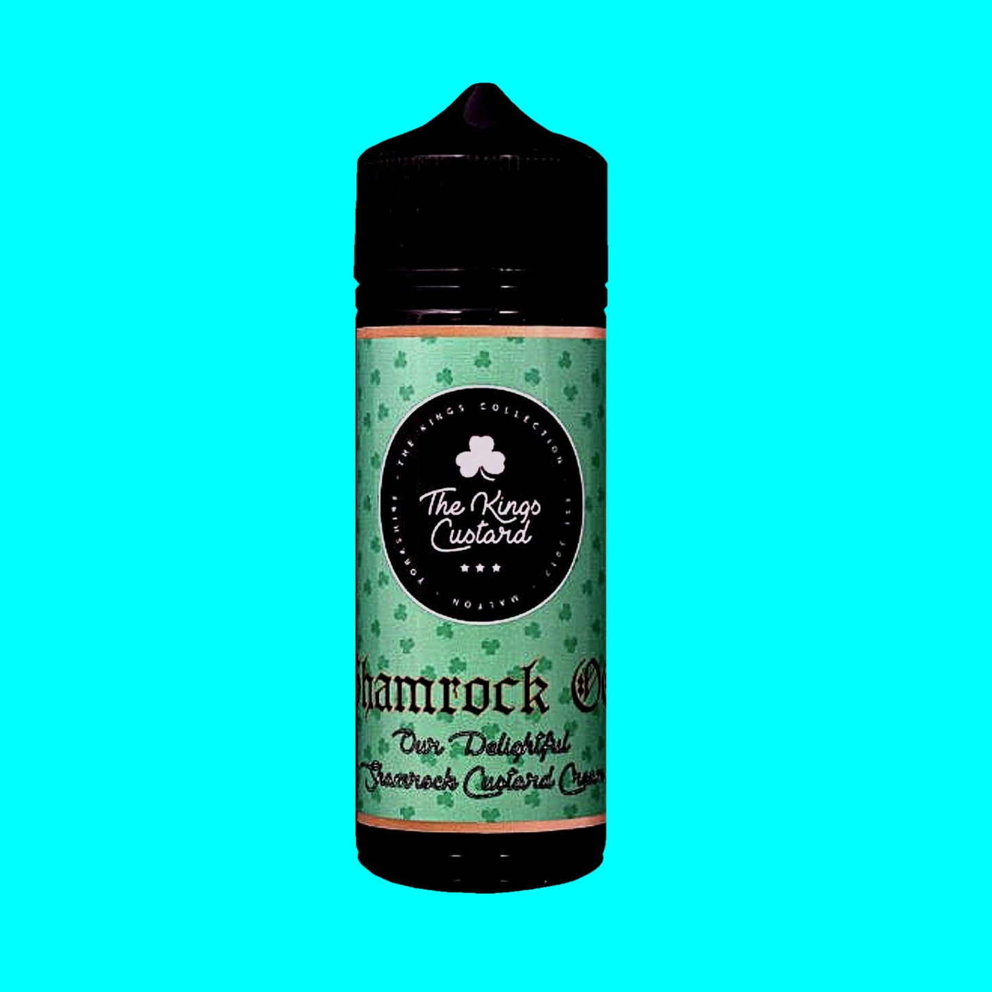 Vape juice bottle with shamrock design on a white background