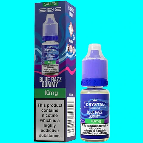 Crystal Blue Razz Gummy vape juice bottle and packaging on a white background