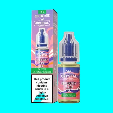 Crystal Blueberry Peach Ice vape juice bottle and packaging on a white background