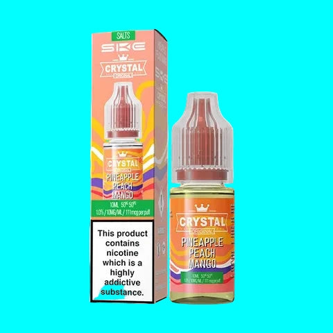 Crystal Pineapple Peach Mango vape juice bottle and packaging on a white background