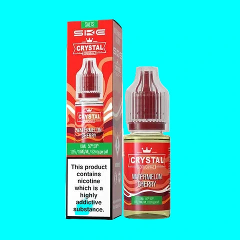 Crystal Watermelon Cherry vape juice bottle and packaging on a white background