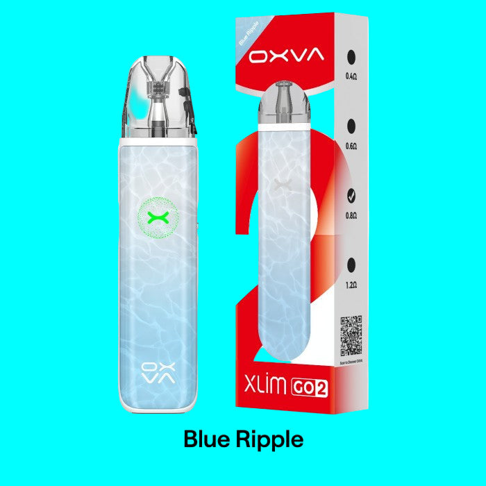 OXVA vaping device and packaging with 'Blue Ripple' design on a white background
